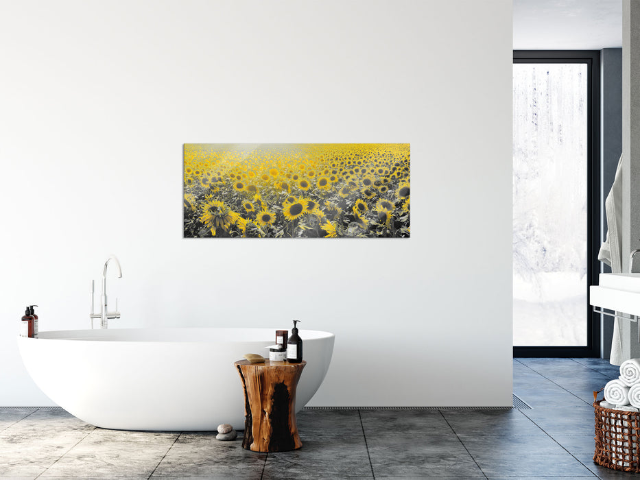 Wunderschönes Sonnenblumenfeld, Glasbild Panorama