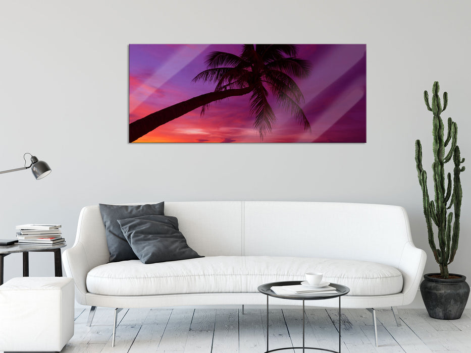 Palme am Meer mit Sonnenuntergang, Glasbild Panorama