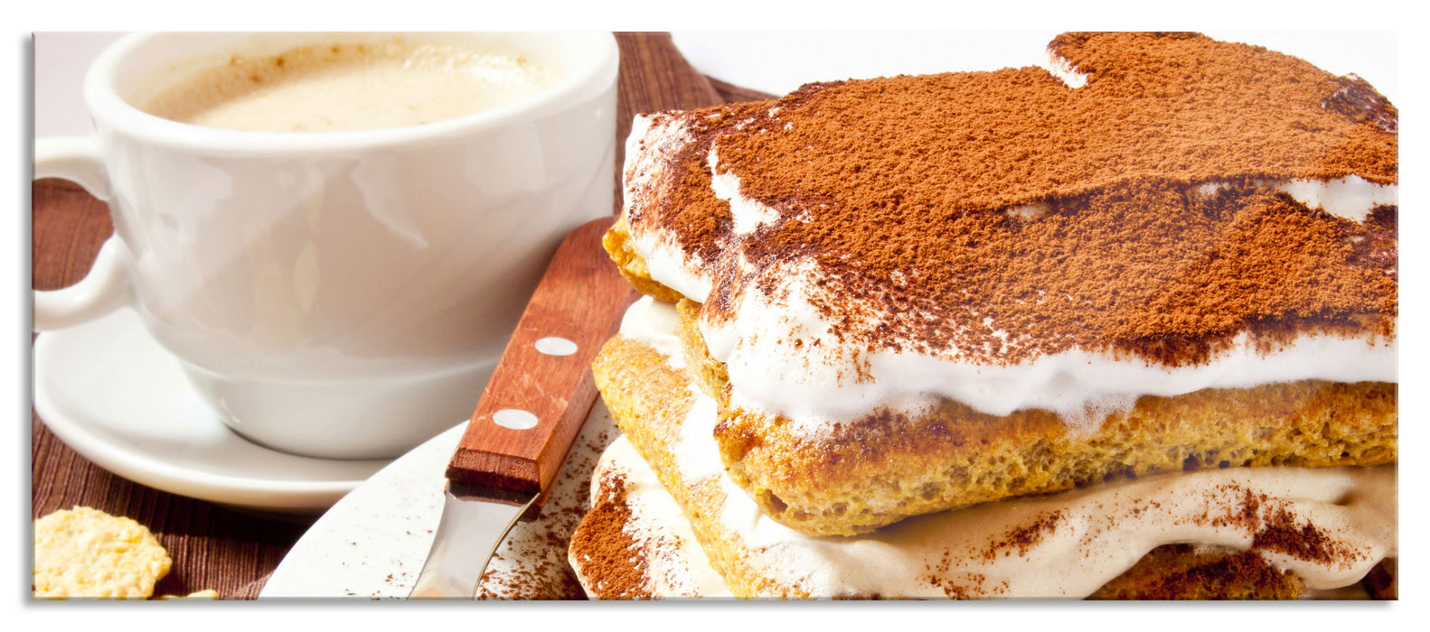 Pixxprint Leckeres Dessert mit Kaffee, Glasbild Panorama