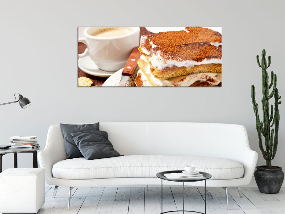 Leckeres Dessert mit Kaffee, Glasbild Panorama
