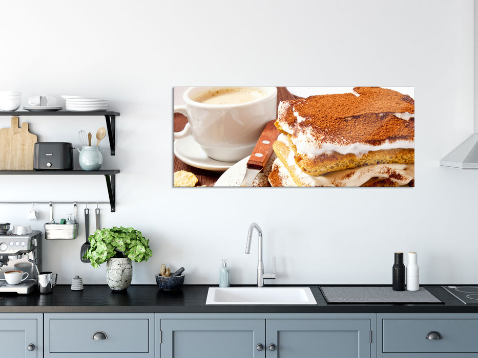 Leckeres Dessert mit Kaffee, Glasbild Panorama