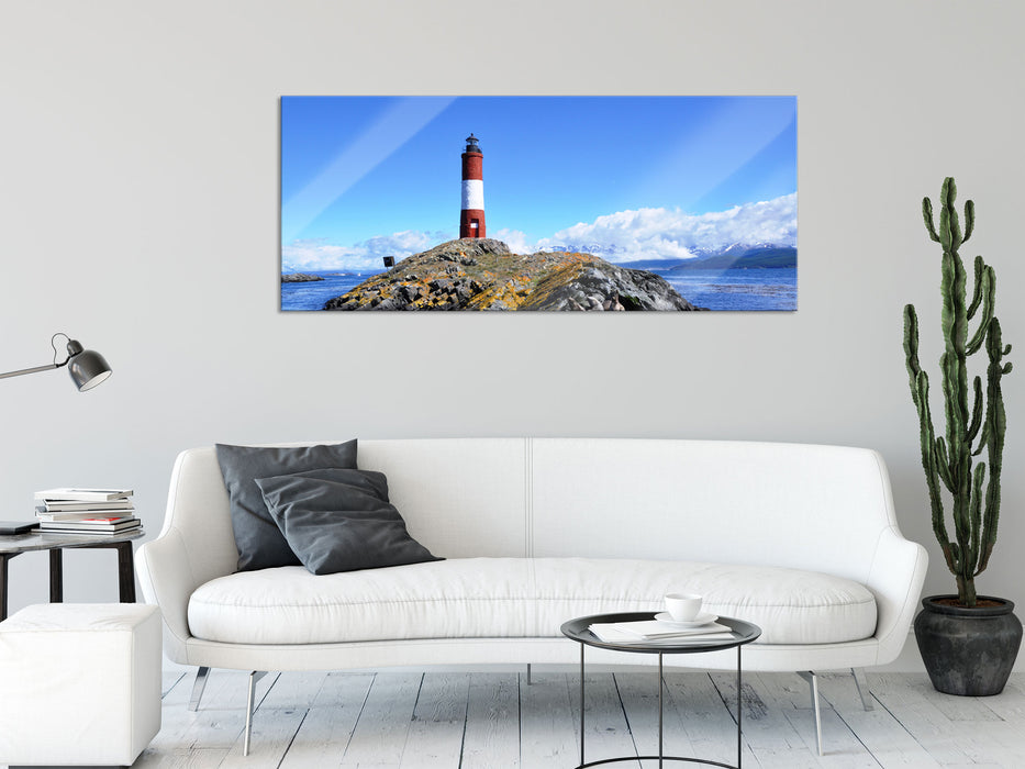 Leuchtturm mit Robben, Glasbild Panorama
