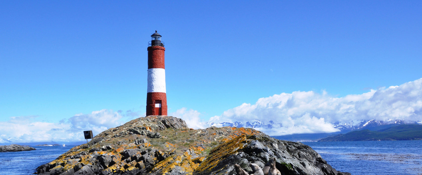 Leuchtturm mit Robben, Glasbild Panorama