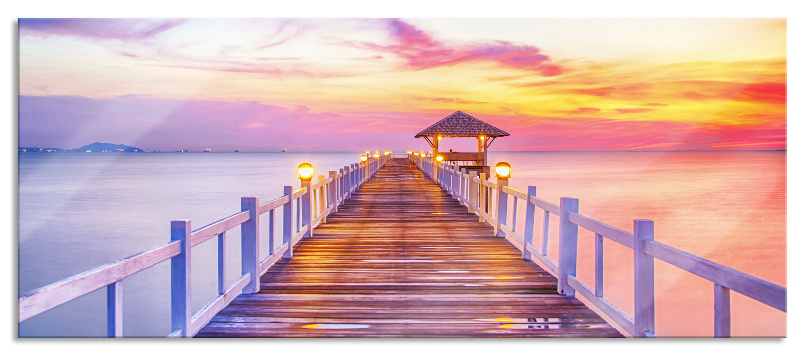 Pixxprint Steg ins Meer bei Sonnenuntergang, Glasbild Panorama