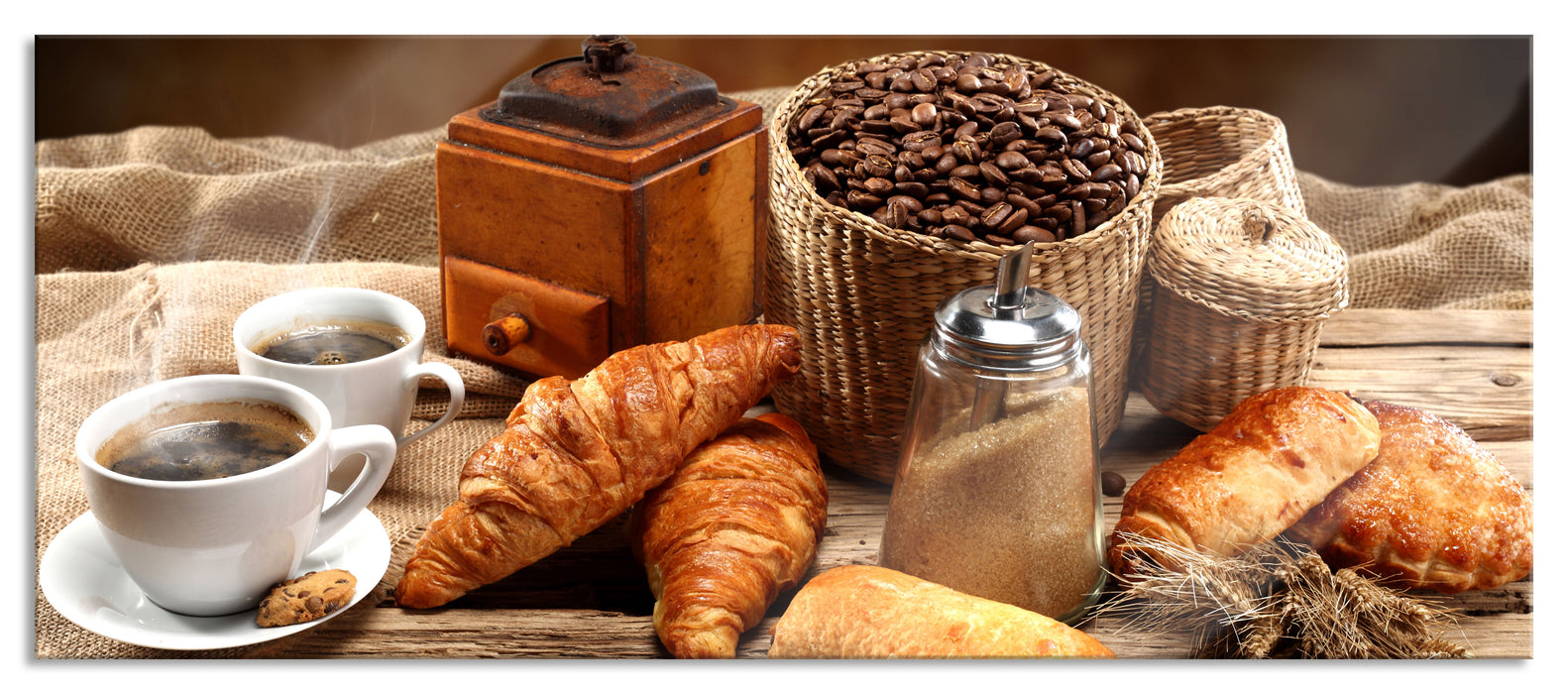 Pixxprint Aromatischer Kaffee mit Croissant, Glasbild Panorama