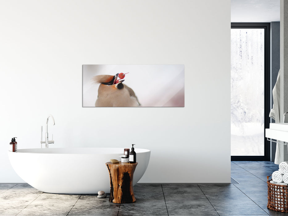 Kleiner Vogel im Schnee, Glasbild Panorama