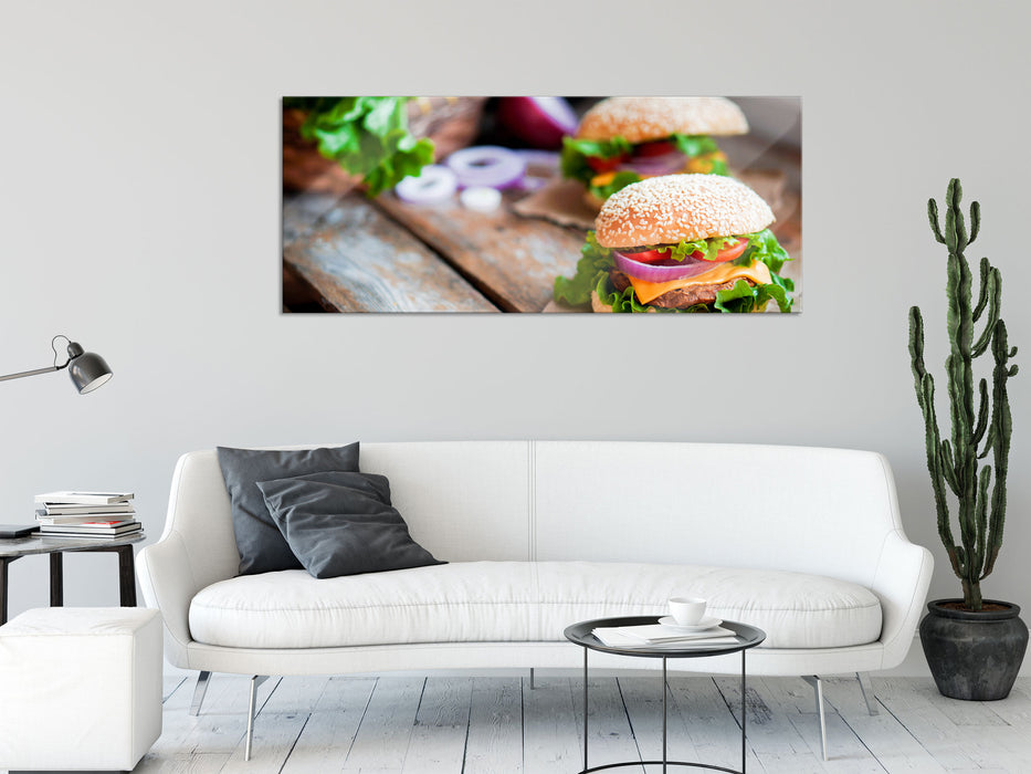 Leckere Burger, Glasbild Panorama