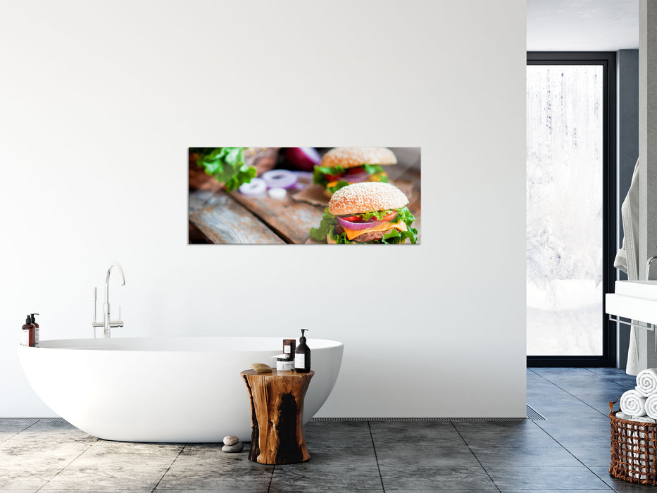 Leckere Burger, Glasbild Panorama