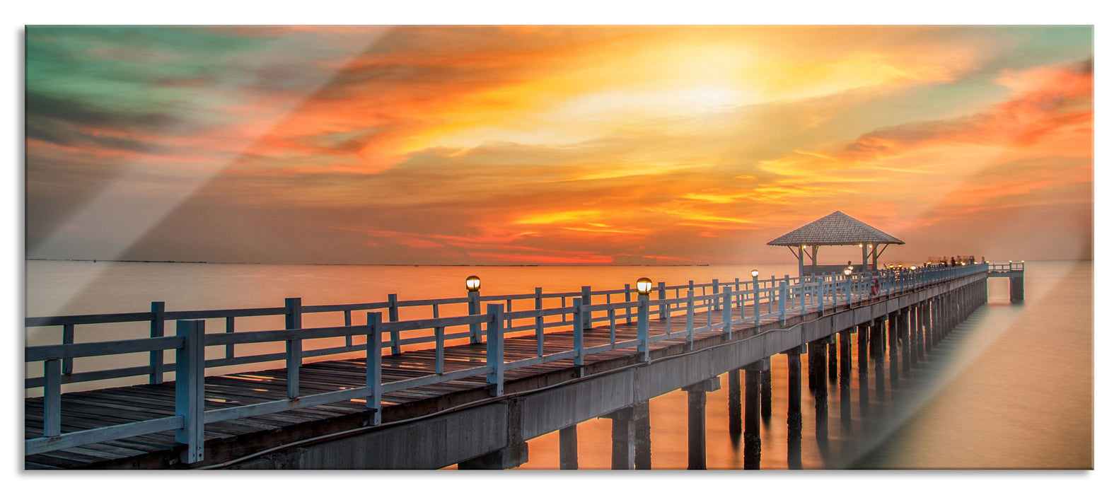 Pixxprint Steg ins Meer bei Sonnenuntergang, Glasbild Panorama