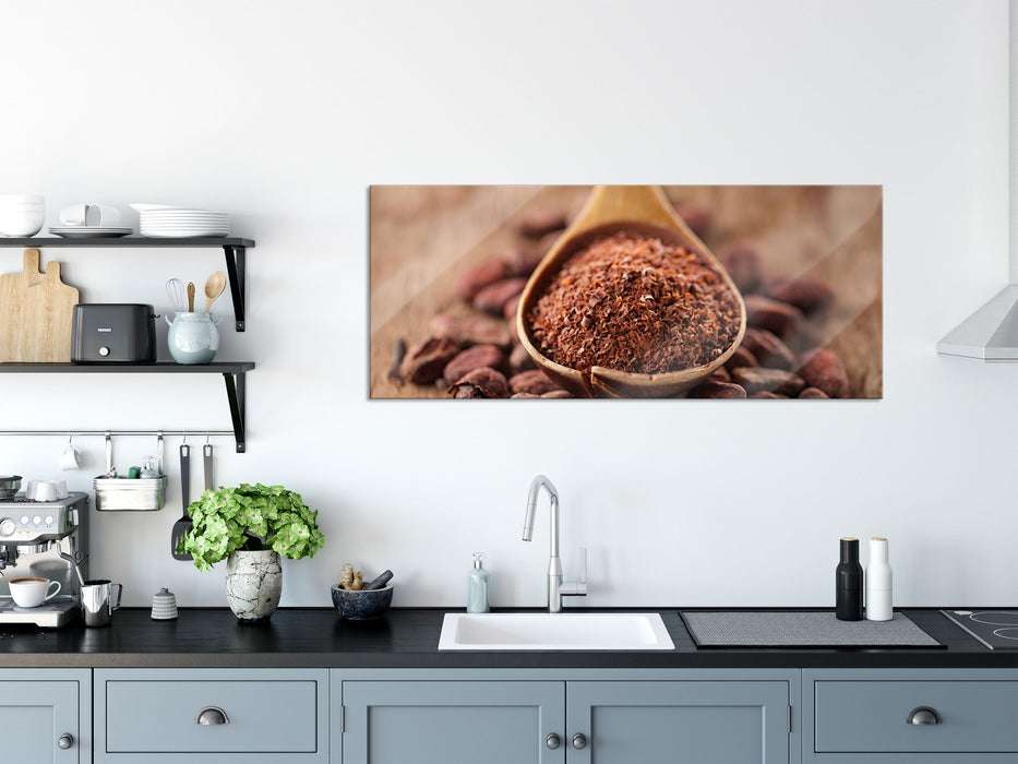 Kakaopulver und Kakaobohnen, Glasbild Panorama