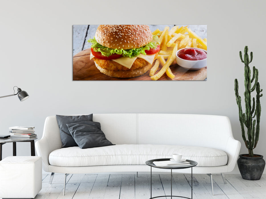 Chickenburger Pommes, Glasbild Panorama