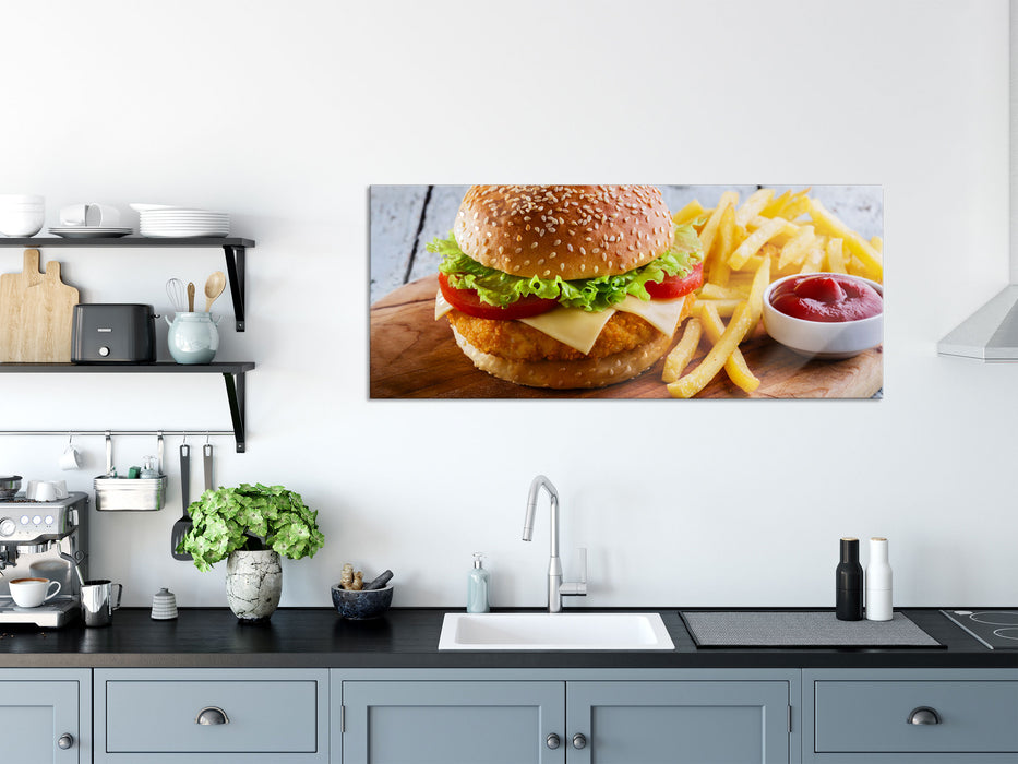 Chickenburger Pommes, Glasbild Panorama