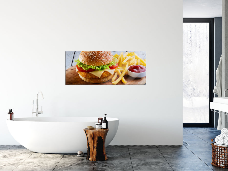 Chickenburger Pommes, Glasbild Panorama