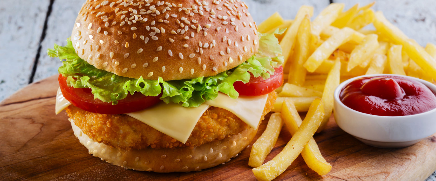 Chickenburger Pommes, Glasbild Panorama