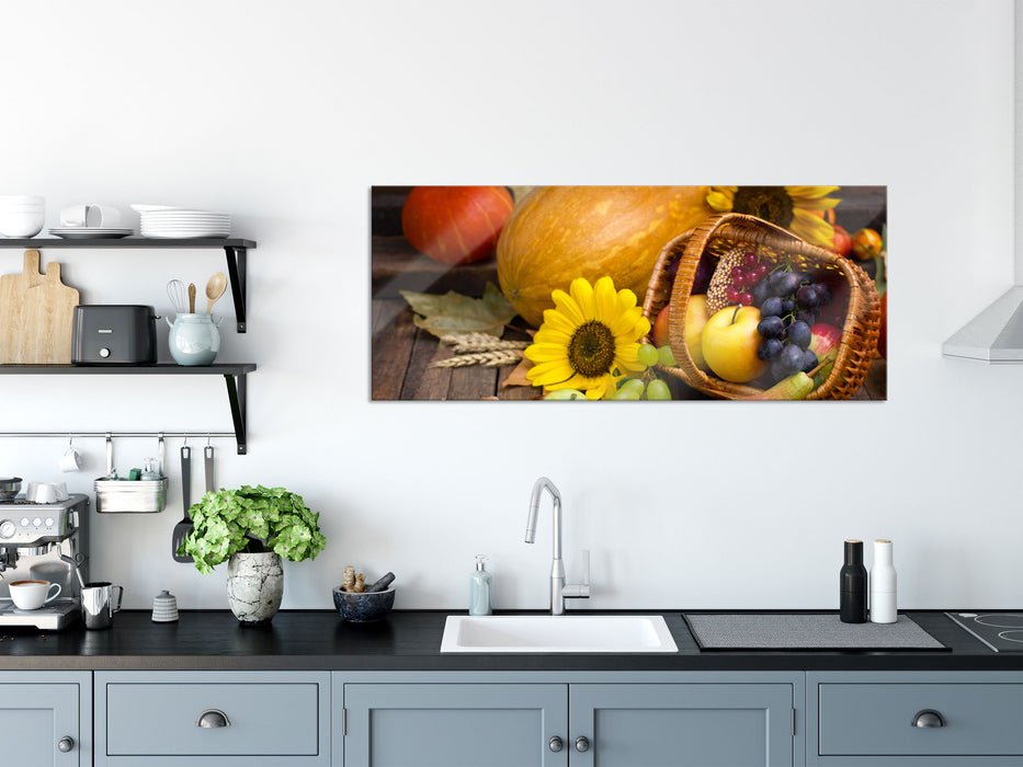 Herbstlicher Obstkorb, Glasbild Panorama