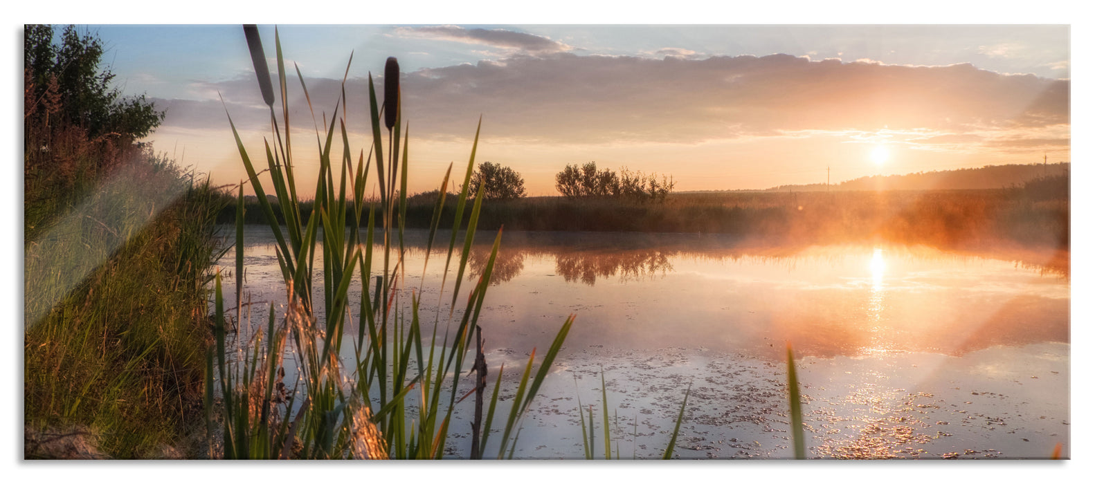 Pixxprint Sonniger Morgen am See, Glasbild Panorama