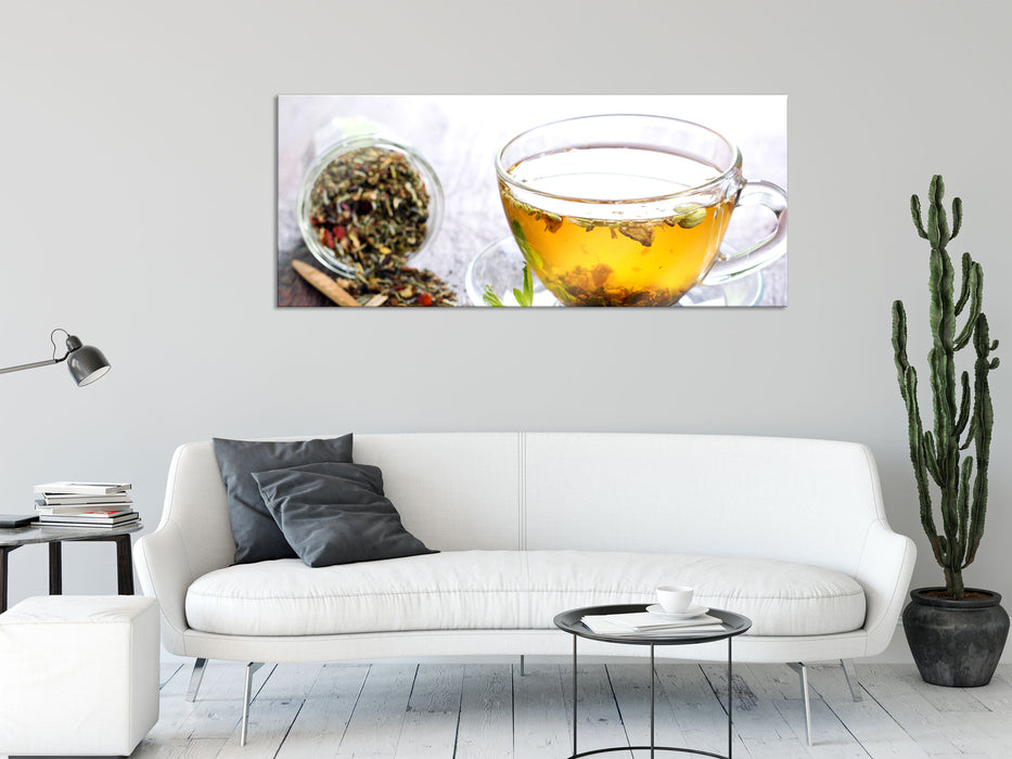 Genussvoller Kräutertee, Glasbild Panorama