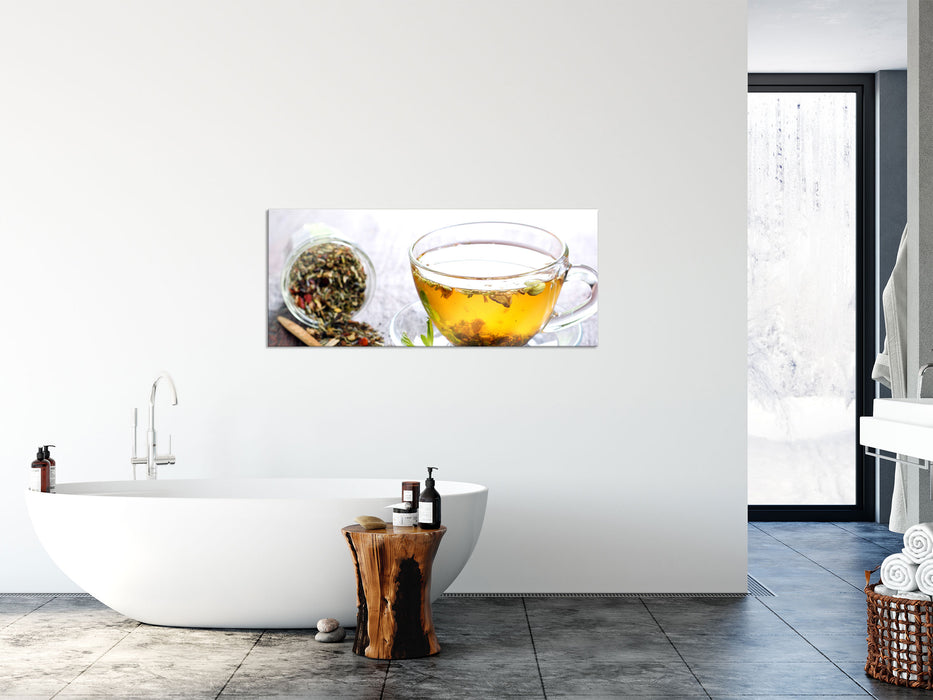 Genussvoller Kräutertee, Glasbild Panorama