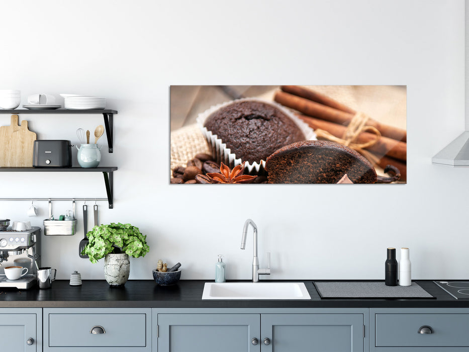 Leckere Schokomuffins, Glasbild Panorama