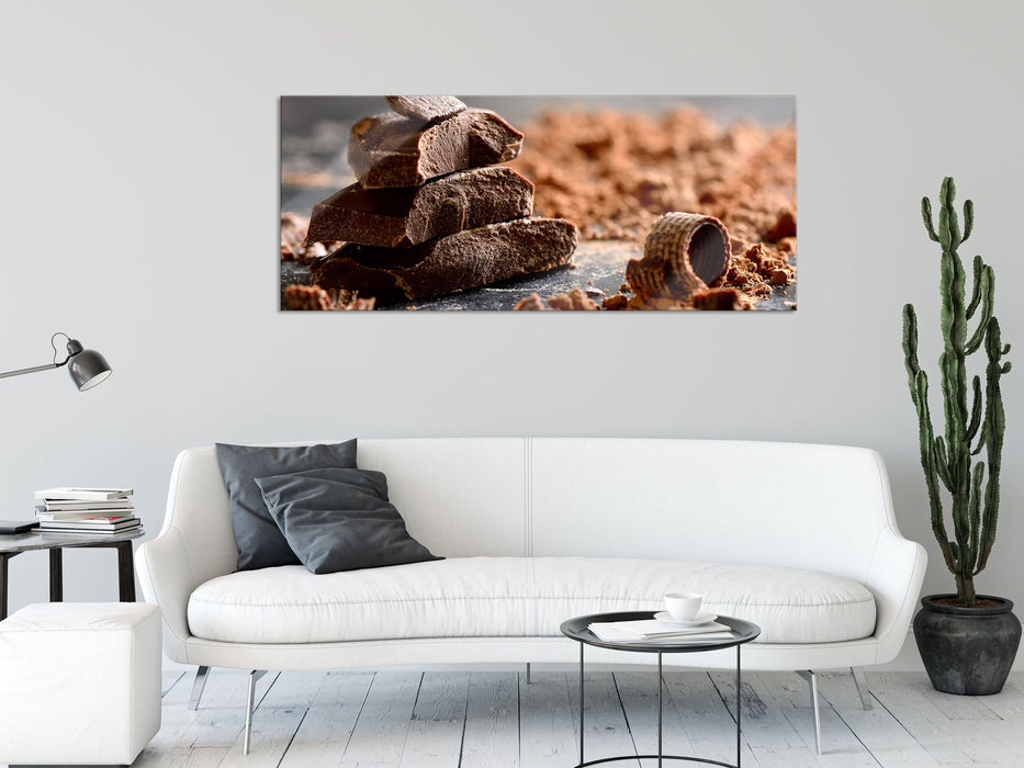 Dunkle Schokoladenraspeln, Glasbild Panorama