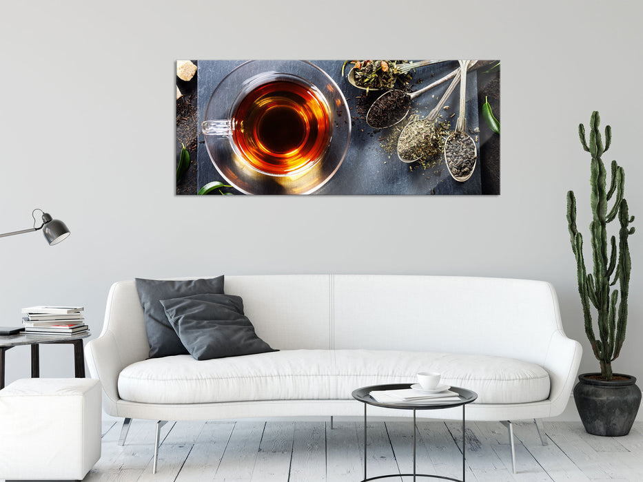 Heißer Kräutertee, Glasbild Panorama