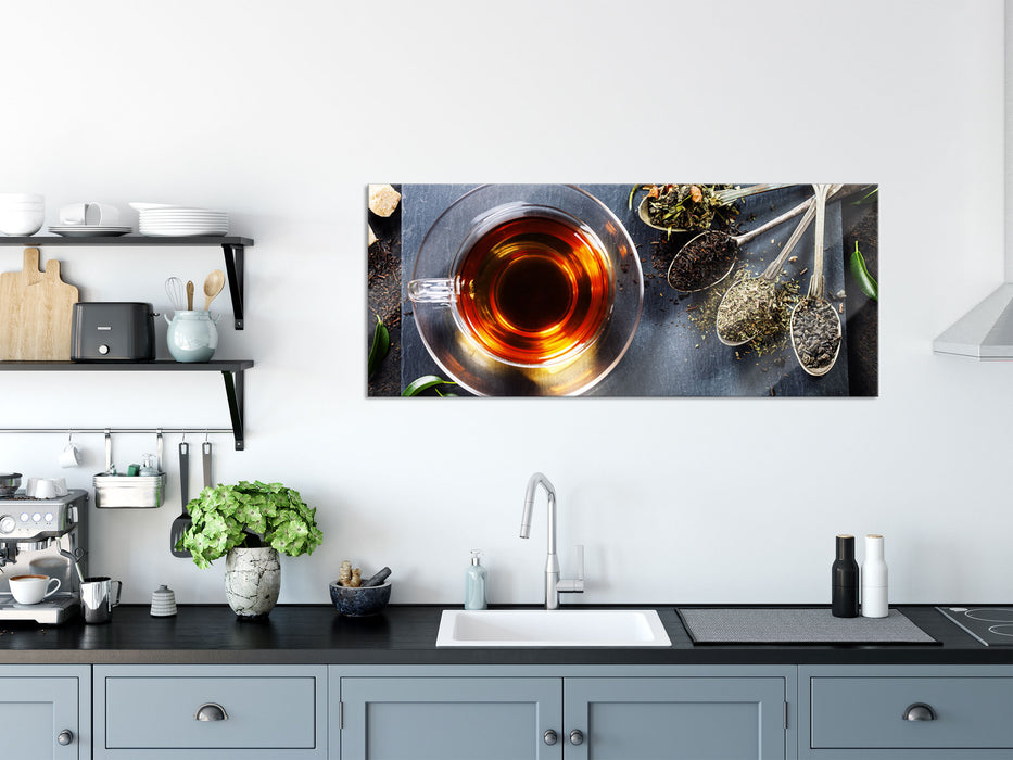 Heißer Kräutertee, Glasbild Panorama