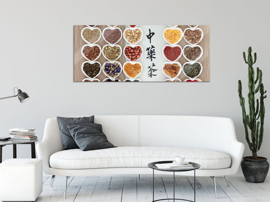 Gewürzschalen mit vielen Sorten, Glasbild Panorama