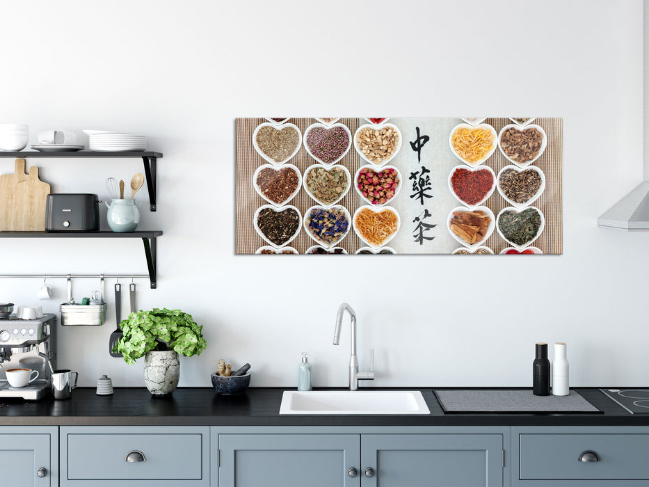 Gewürzschalen mit vielen Sorten, Glasbild Panorama