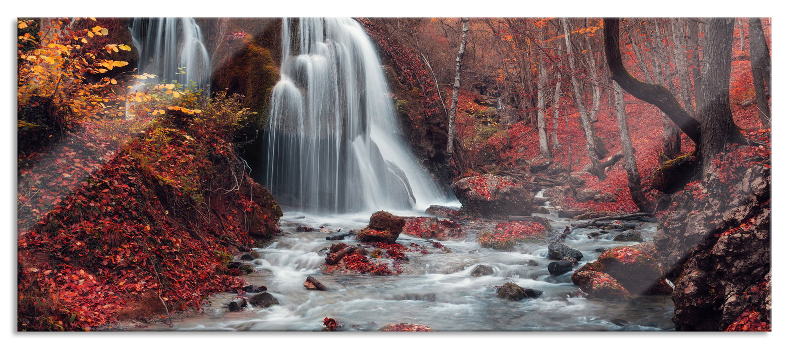 Pixxprint Wasserfall im Wald, Glasbild Panorama