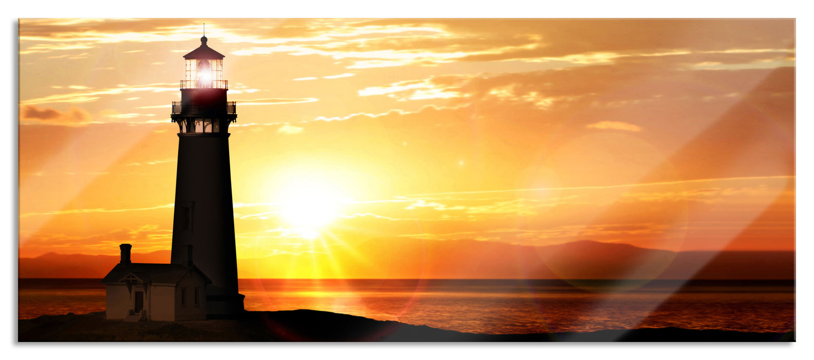 Pixxprint Leuchtturm im Sonnenuntergang, Glasbild Panorama