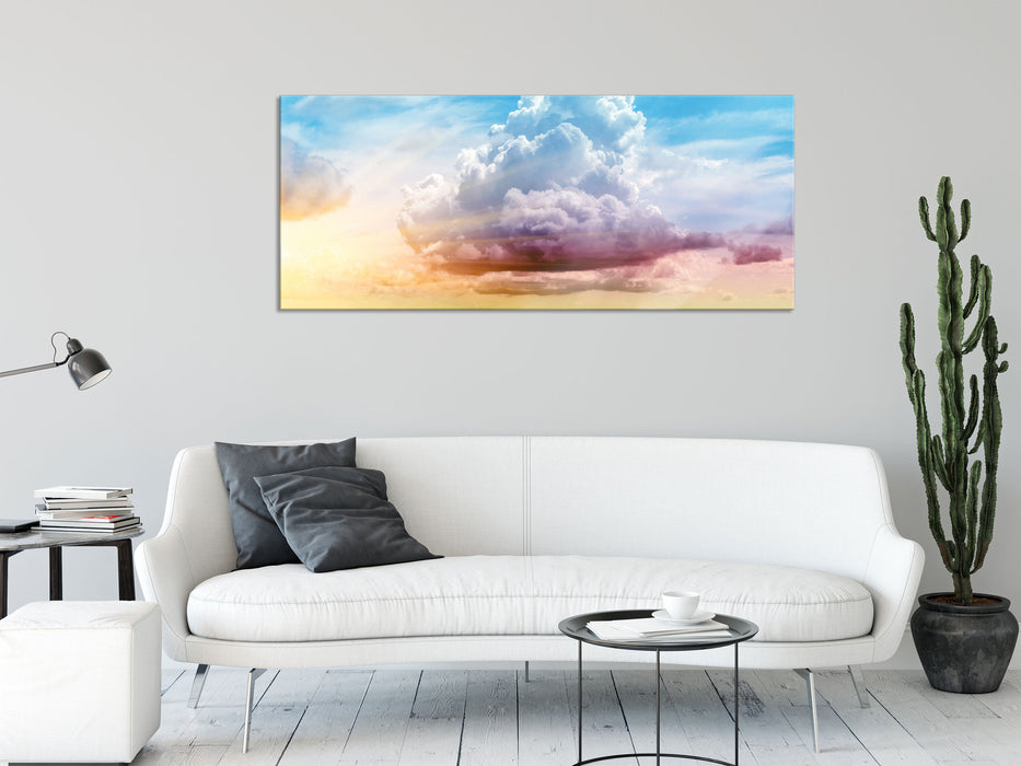 Wolkiger Himmel bedeckt Sonne, Glasbild Panorama