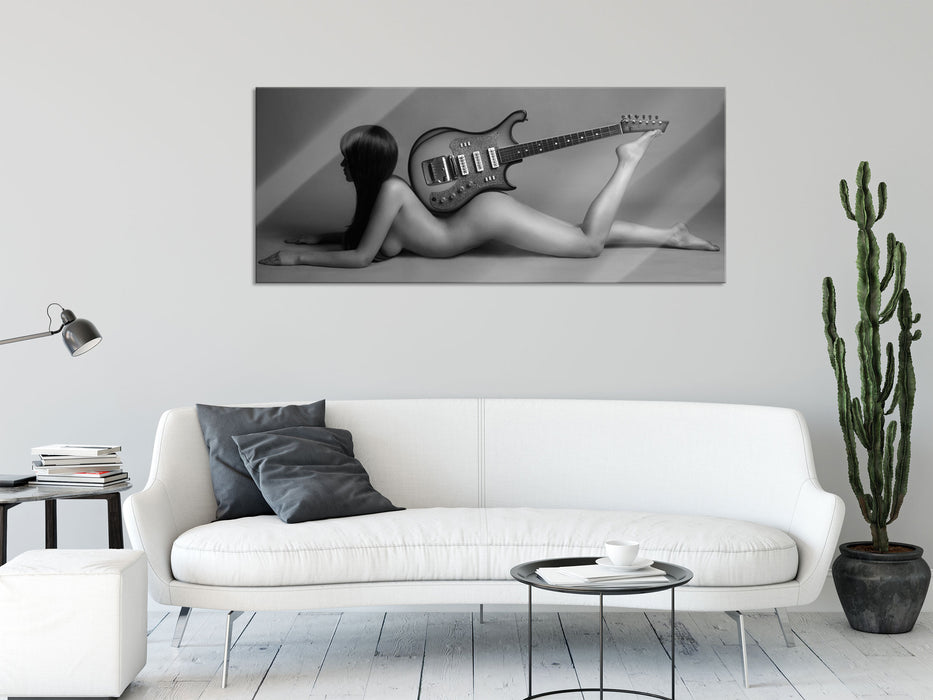 Nackte Frau mit Gitarre, Glasbild Panorama