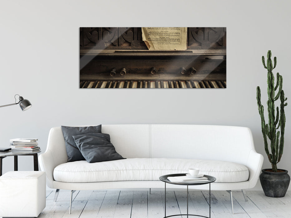 Klavier mit Notenblatt, Glasbild Panorama