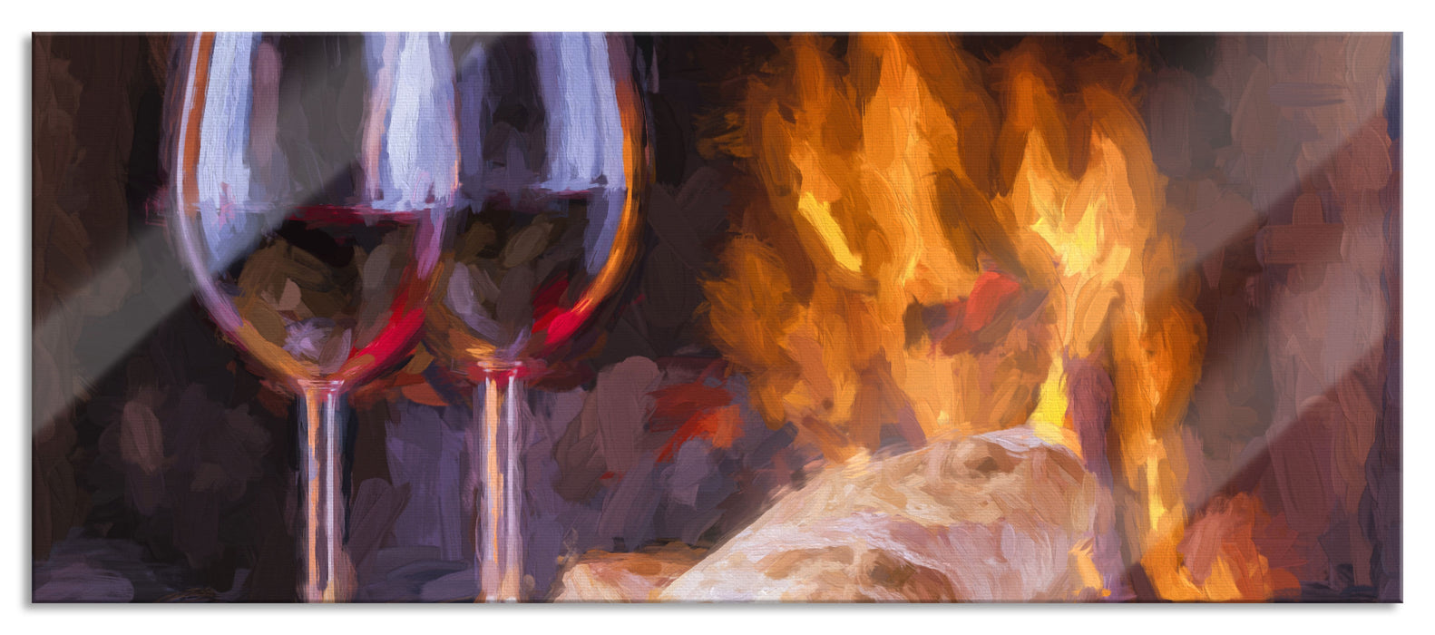 Pixxprint Wein und Baguette am Kamin, Glasbild Panorama