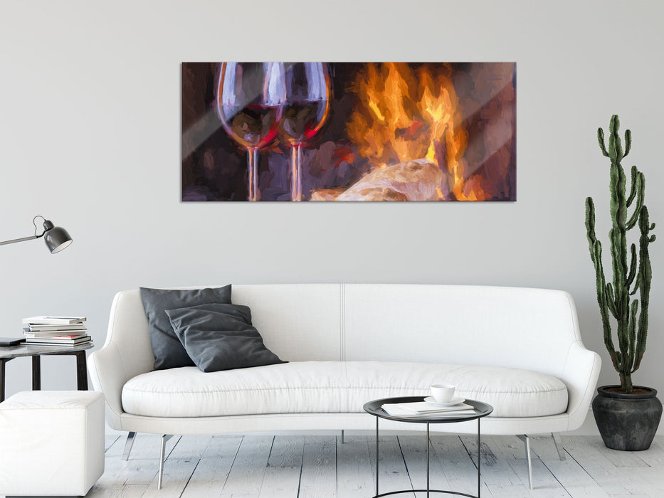 Wein und Baguette am Kamin, Glasbild Panorama