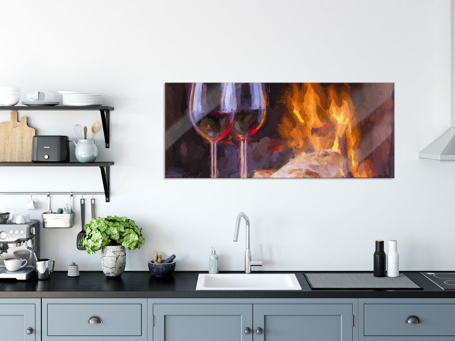 Wein und Baguette am Kamin, Glasbild Panorama
