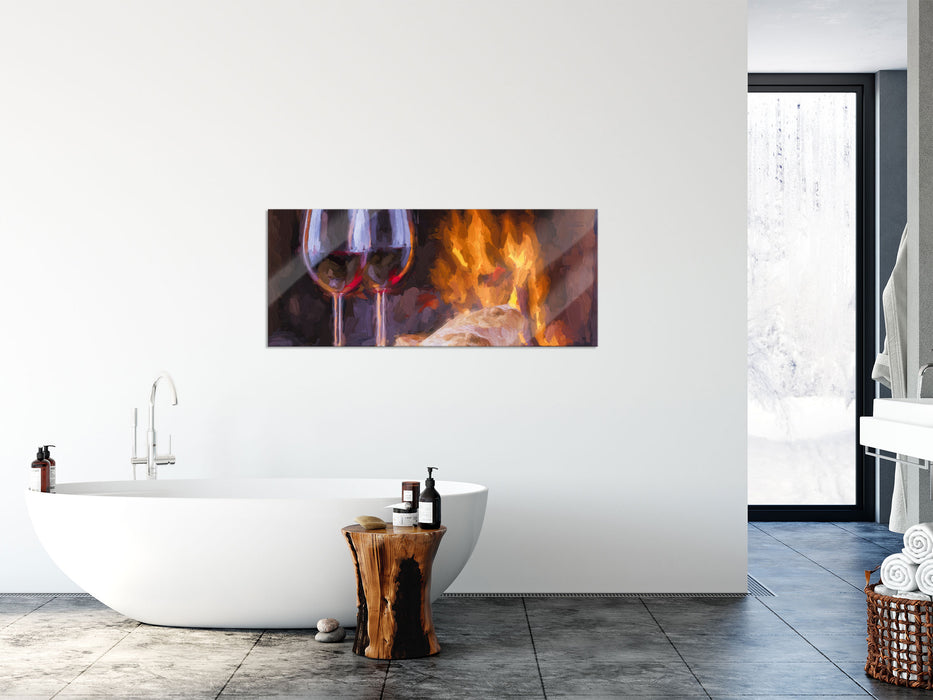Wein und Baguette am Kamin, Glasbild Panorama