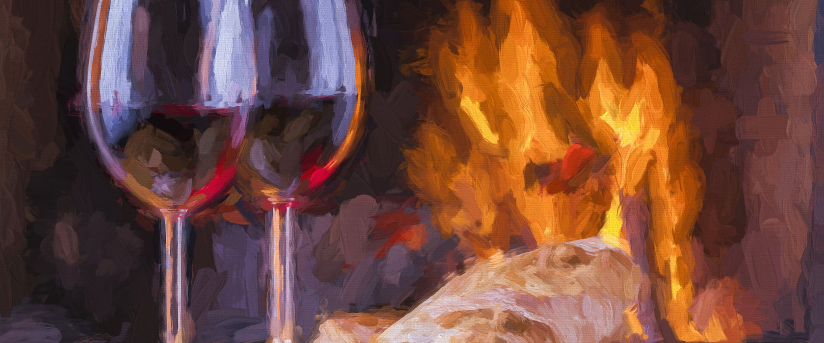 Wein und Baguette am Kamin, Glasbild Panorama