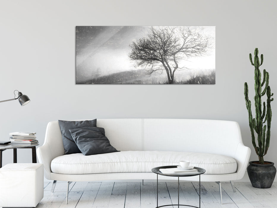 Baum in Landschaft, Glasbild Panorama