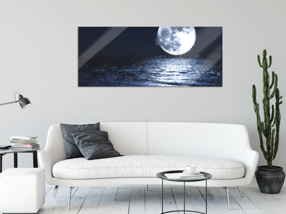 aufgehender Mond über Wasser, Glasbild Panorama