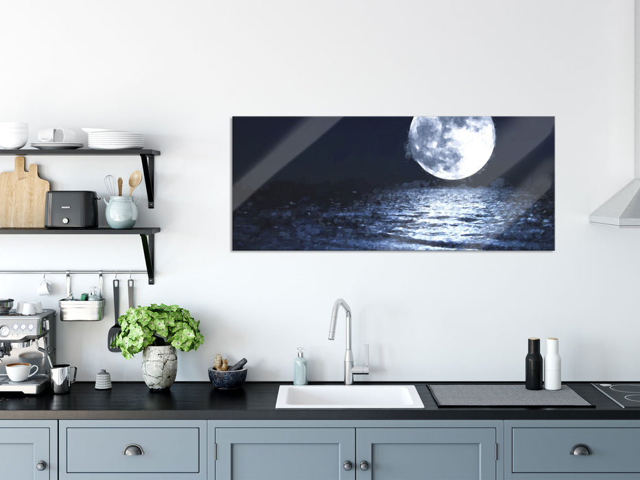 aufgehender Mond über Wasser, Glasbild Panorama