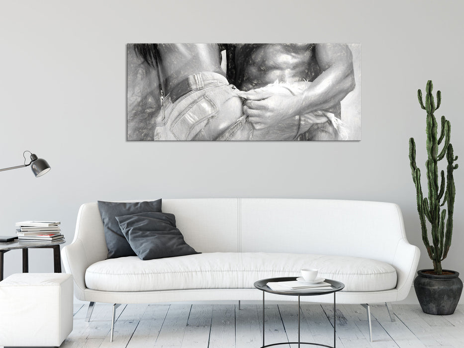 Sexy Pärchen in Jeans, Glasbild Panorama