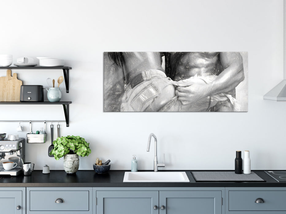 Sexy Pärchen in Jeans, Glasbild Panorama