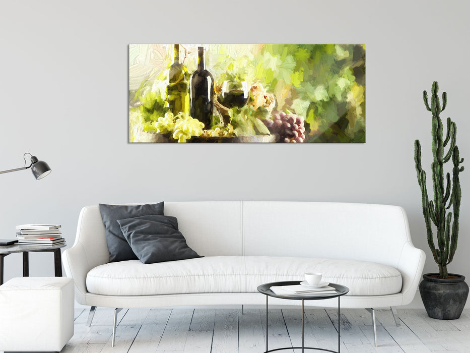 Wein mit Weintrauben auf Fass, Glasbild Panorama