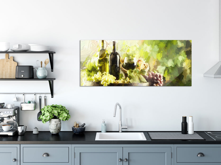 Wein mit Weintrauben auf Fass, Glasbild Panorama