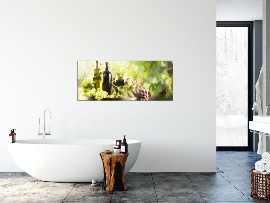 Wein mit Weintrauben auf Fass, Glasbild Panorama