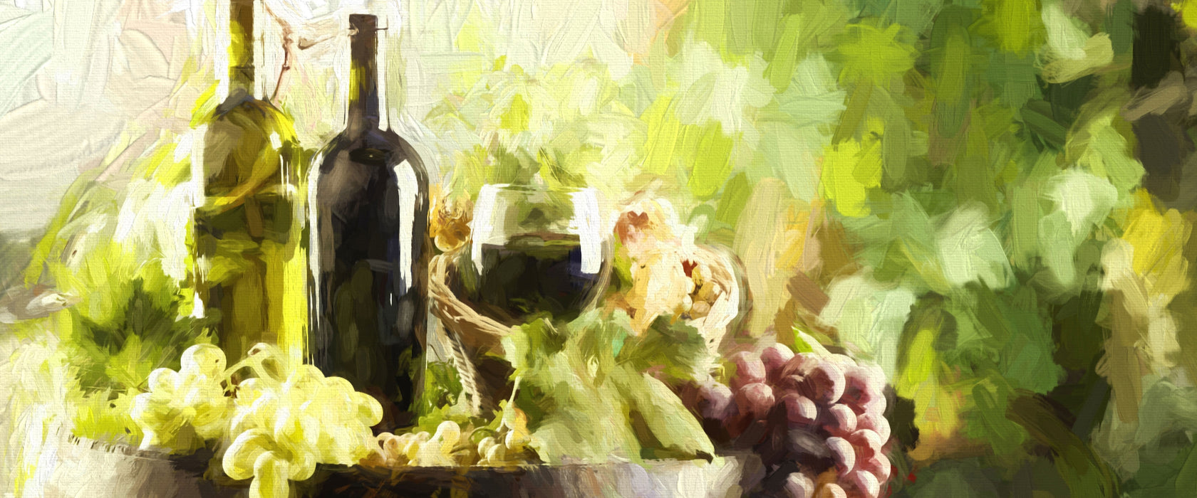 Wein mit Weintrauben auf Fass, Glasbild Panorama