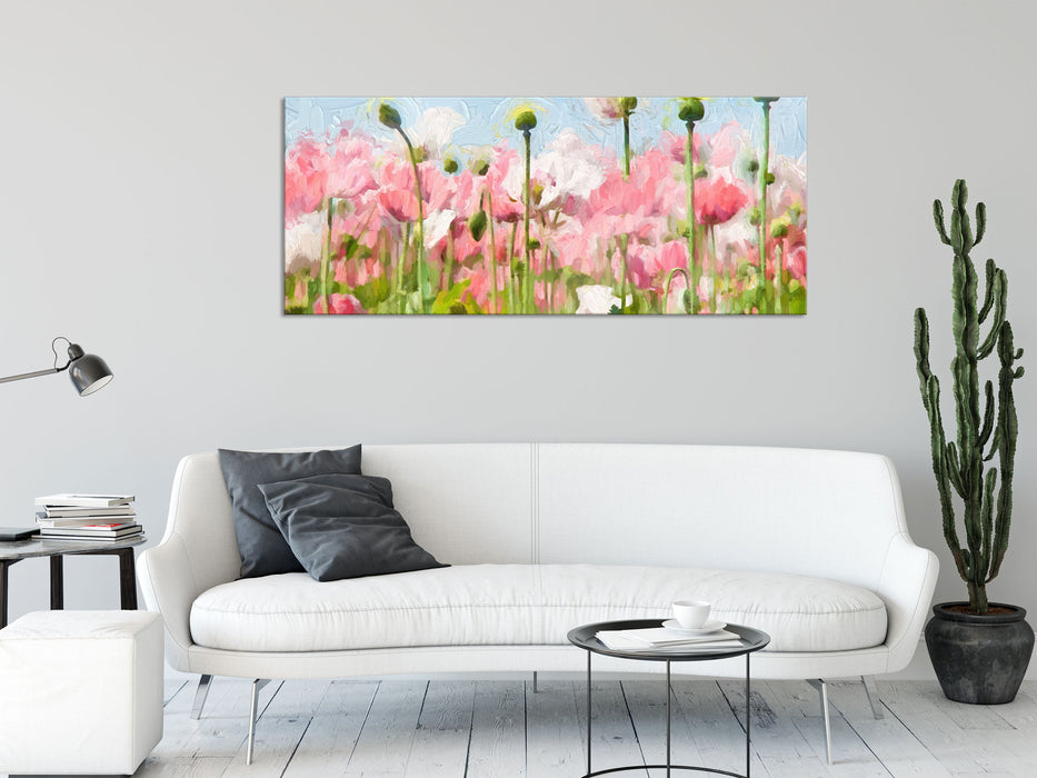 Blumenwiese Mohnblumen, Glasbild Panorama