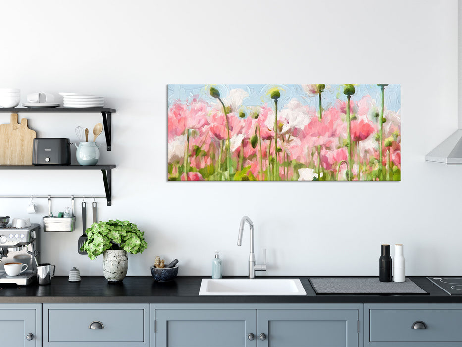 Blumenwiese Mohnblumen, Glasbild Panorama