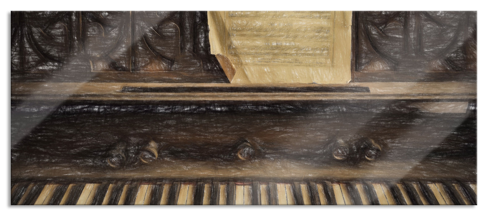 Klavier mit Notenblatt, Glasbild Panorama